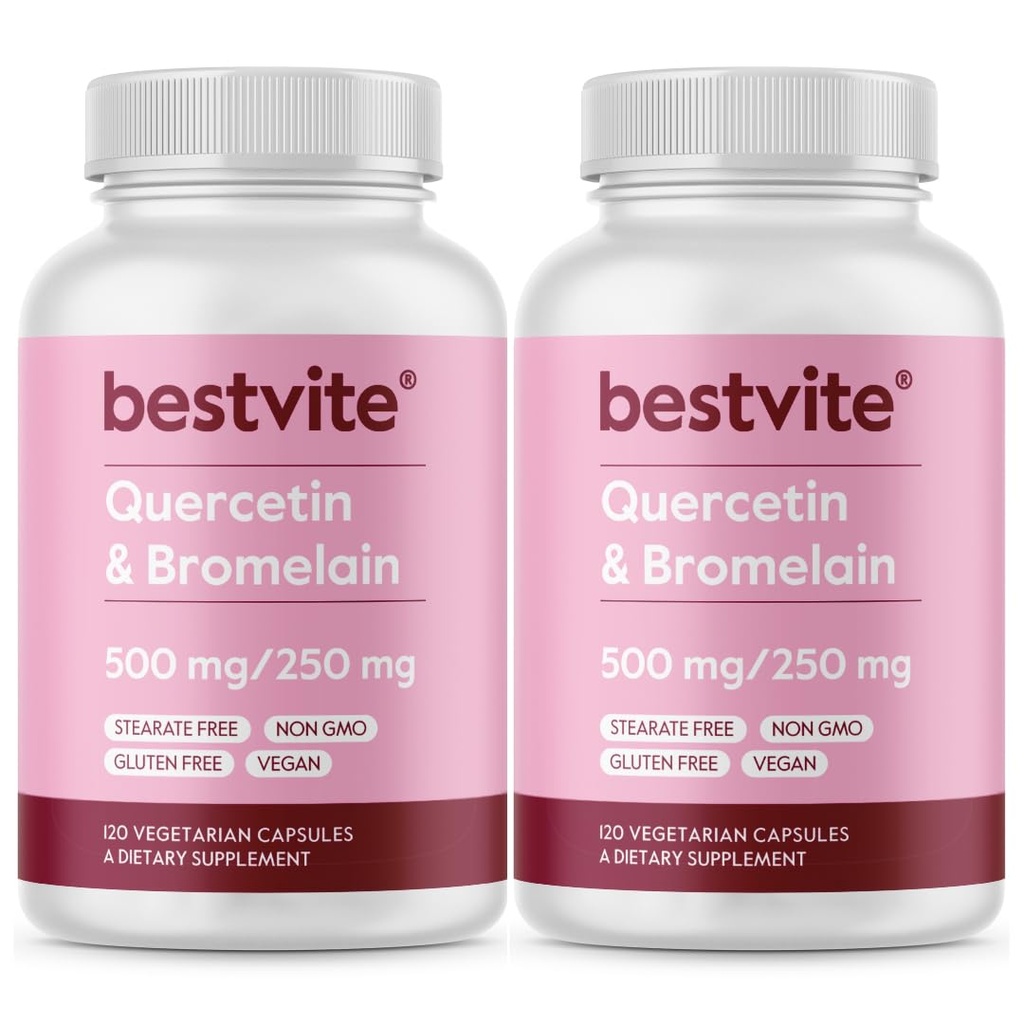 BESTVITE Quercetin con Bromelain 500mg/250mg (240 capsule vegetariane) (120 x 2) - No Stearates - No Silicon Dioxide - Vegan - Non OGM - Gluten Free