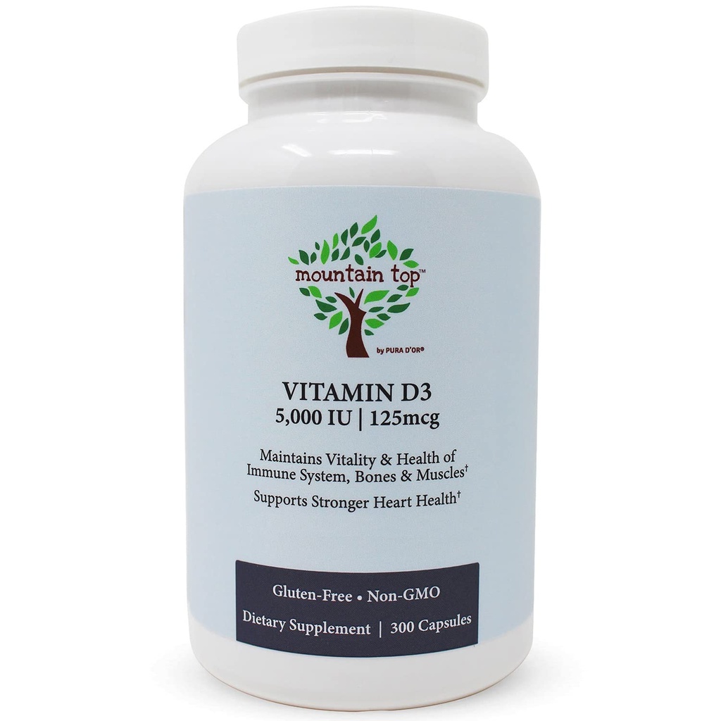 MOUNTAIN TOP Vitamine D3 5000 UI 125mcg Capsules (300 Compte) aide à soutenir la santé immunitaire, les os forts et les dents, et la fonction musculaire - non-OGM, sans gluten