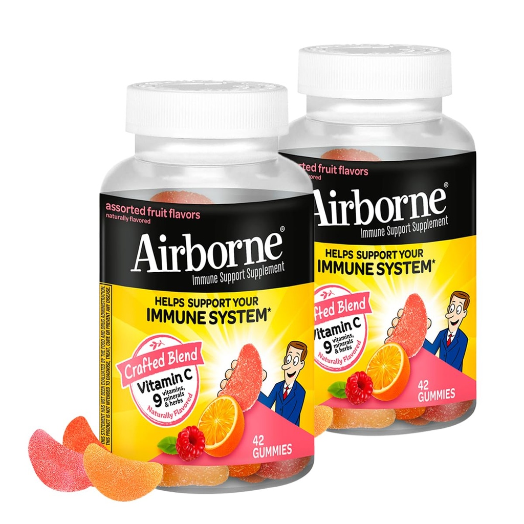 Airborne 750mg Vitamin C Immununterstützungsergänzung für Erwachsene, sortierte Frucht Geschmack, Glutenfreie Crafted Blend mit leistungsstarken Antioxidantien Vitamine A C & E, 42 Gummi (2 Pack)