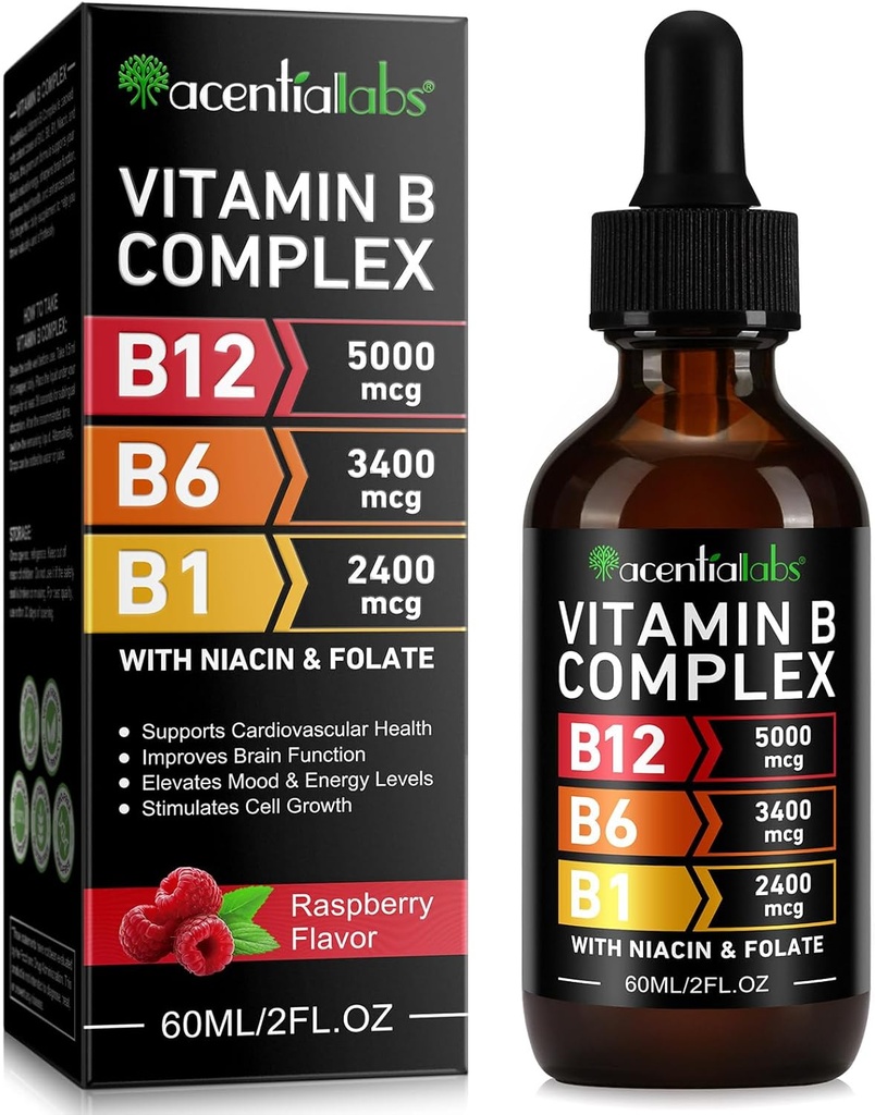 Vitamin B12 Flüssige Tropfen - Organische Vitamin B12 Sublingual Tropfen - Organische Vitamin B-Komplex B5 Pantothensäure - Vegan B12 Sublingual 5000 mcg mit Vitamin B6, Flüssigkeit B12 Methylcobalamin unterstützt