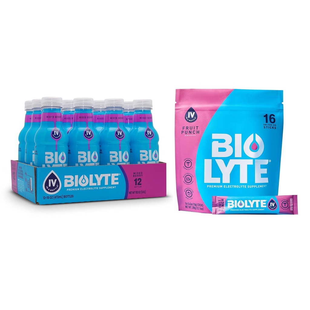 BIOLYTE Elektrolyt-Getränk & IV Hydration Drink Mix - Doctor-Formulierte FSA & HSA Elektrolyte Flüssigkeit, Rehydration Pulver-Packets, Chemotherapy Must Haves für Frauen & Männer - Berry, 12 Flaschen, 16 Sticks