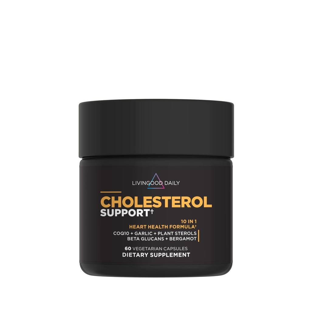 Integratore di supporto per il colesterolo quotidiano Livingood con Aglio, CoQ10, Vitamina E, Bergamotto, Sterols per il corpo e la salute del cuore, Supporta LDL e Trigliceridi, Senza glutine, Vegan, 60 capsule
