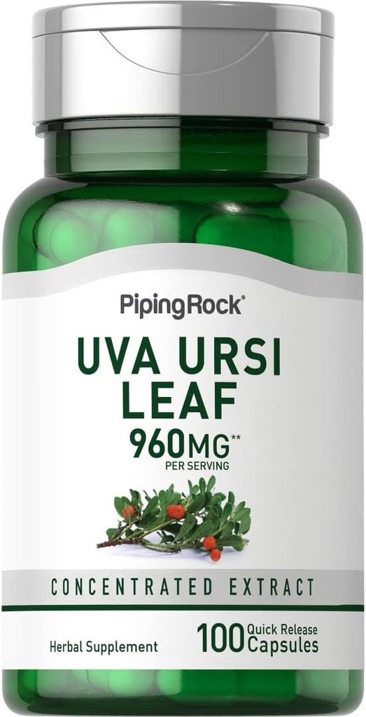 Piping Rock Uva Ursi Capsules: 960mg: 100 pilules: Supplément d'extrait de feuille d'herbe: non-OGM, sans gluten