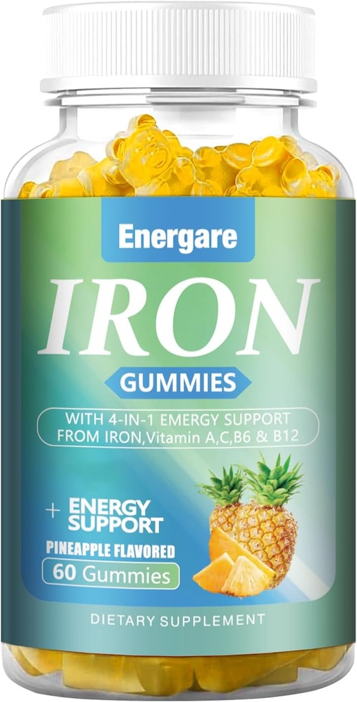 1 Pack 100Mg Gommies de supplément de fer pour les femmes et les hommes - Vitamine A, C, B - Soutien énergétique pour le déficit en fer, Anémie, Adultes et enfants, Gommy aux ananas, 60 comtes