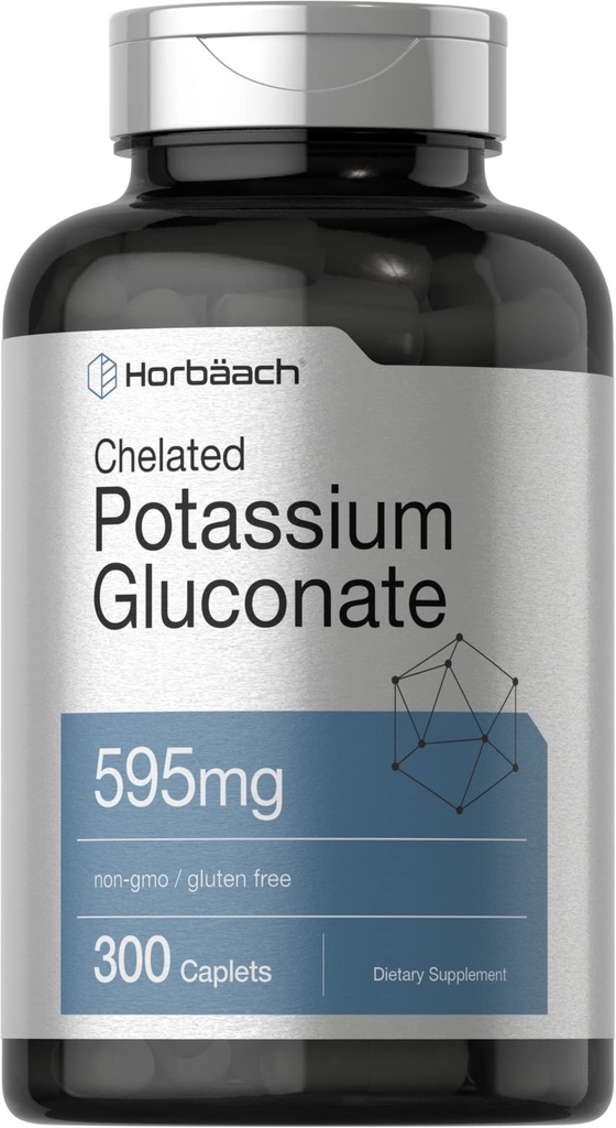 Horbäach Chelated Potassium Gluconate Supplement | 595 mg | 300 Caplets | Vegetariano, Non OGM, Gluten Free