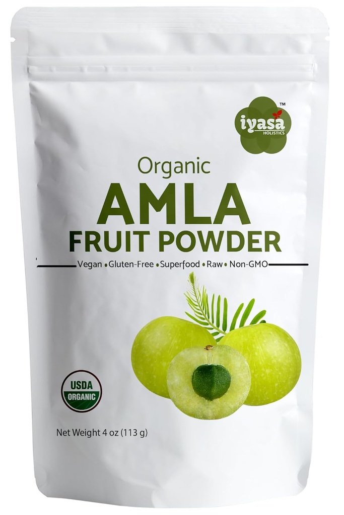 Poudre de fruits d'Amla biologique, poudre de baies d'Amalaki, boîte d'essai de 4 onces/112 gm, USDA bio, super-aliments crus pour la peau et les cheveux, poche refermable de 4 oz
