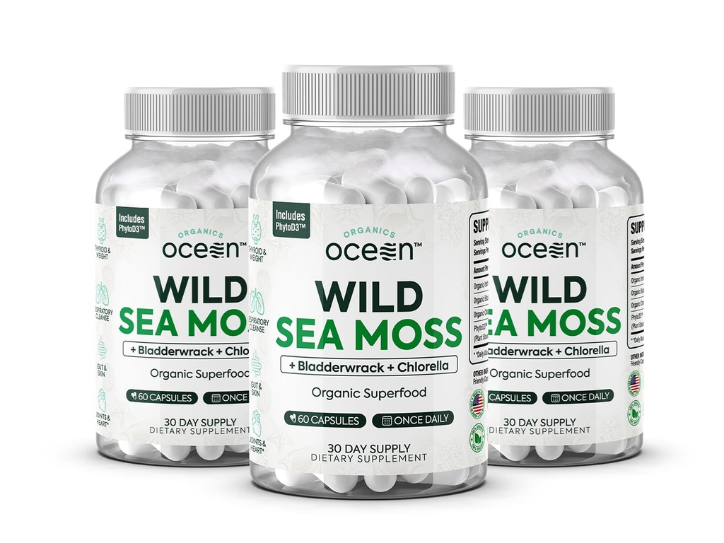 Bios Ocean Wild Sea Moss Capsules - 100% Bio Irish Sea Moss mit Bio Chlorella, Bladderwrack und Vitamin D für Energie, Lung Health und Schilddrüse Unterstützung für Frauen und Männer - 3 Flaschen