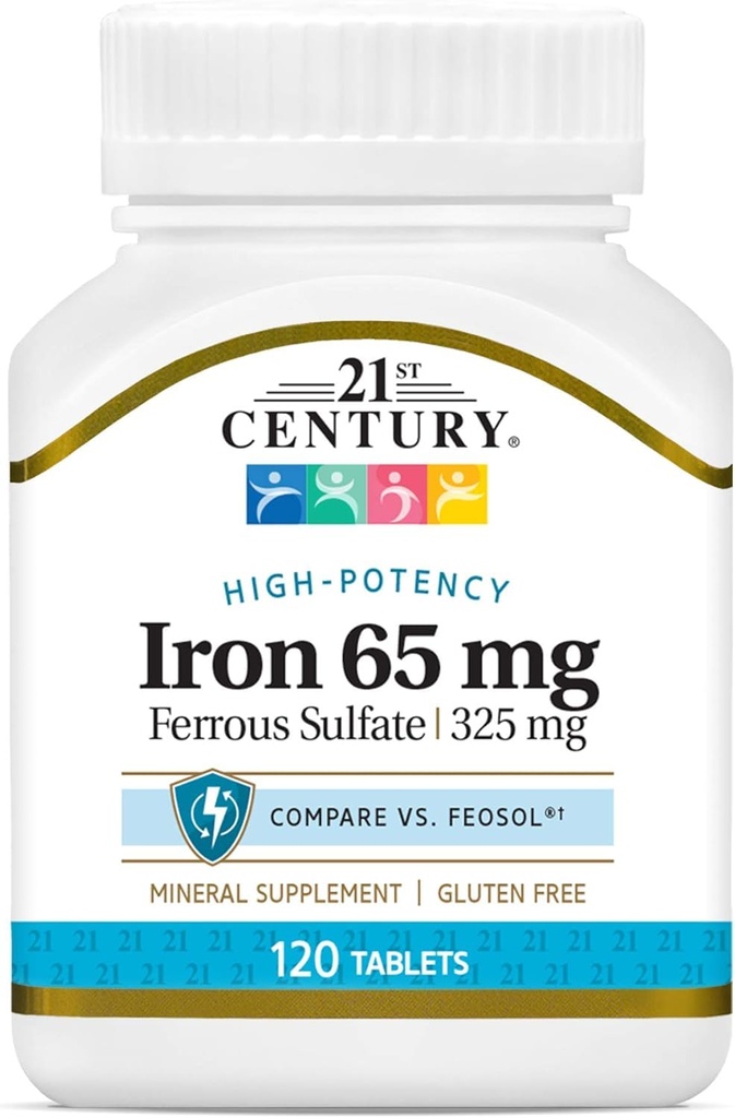 21e siècle Fer 65 mg Sulfate de fer 325 mg Comprimés, 120 Nombre