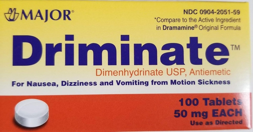Major Driminate® Dimenhydrinat 50mg 100 Ct für Übelkeit, Dizziness und Vomiting aus Bewegungskrankheit