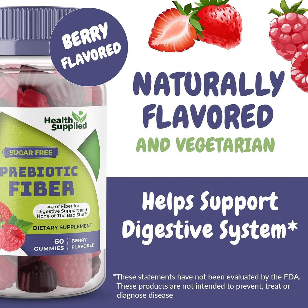 Health Supplied Mixed Berry Flavored Prebiotic Fiber Gummies - Supports Digestive System Gut Cleansing, Constipation Relief - Assists with Weight Loss Plan - Great Tasting and Easy to Swallow