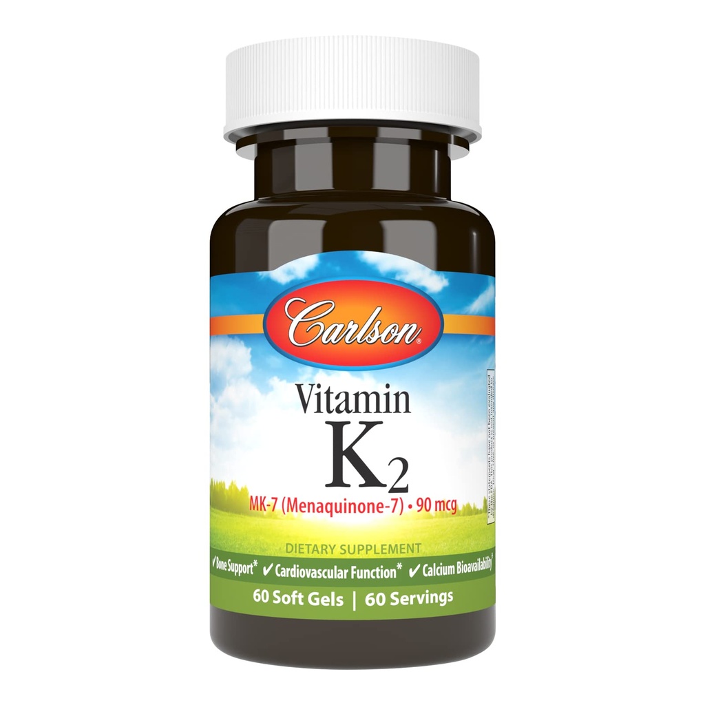 Carlson - Vitamin K2 MK-7 (Menaquinone), 90 mcg, Bone Support, Calcium Bioavailability, K2 Vitamin, Vitamin K-2, 60 Softgels