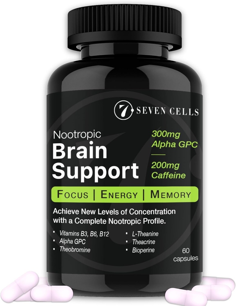 Gehirnunterstützungsergänzung mit 300mg Alpha GPC & 200mg Natürliche Koffein & Vitamine für kognitive Gesundheit, Energie, Gedächtnis und Fokus - Gehirn Booster (60 Kapseln, 1-Monat-Versorgung)