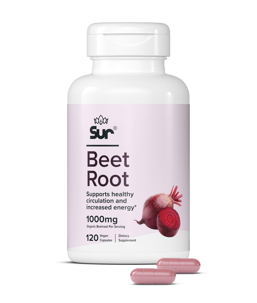 Sur Organic Beet Root Capsules 1000mg - Unterstützt gesunde Zirkulation und erhöhte Energie - Nitric Oxid Superfood (120 Kapseln)