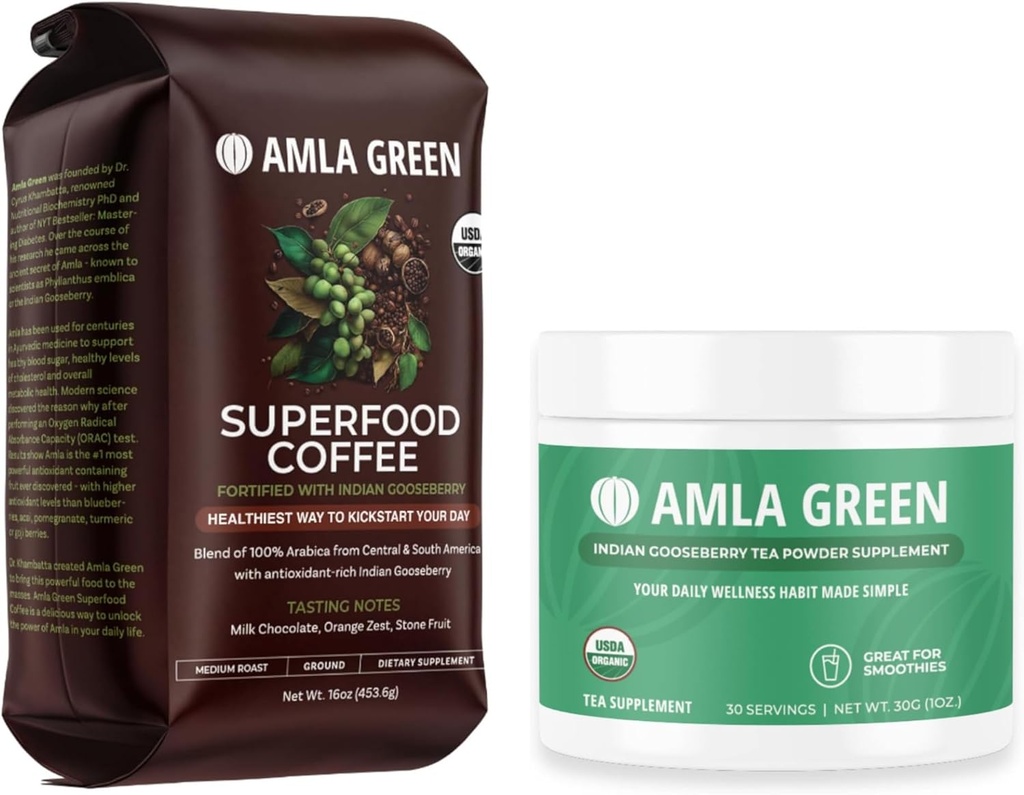 Amla Green Organic Ground Superfood Café, café gourmet moyen et 20X concentré Amla Power 30 Service