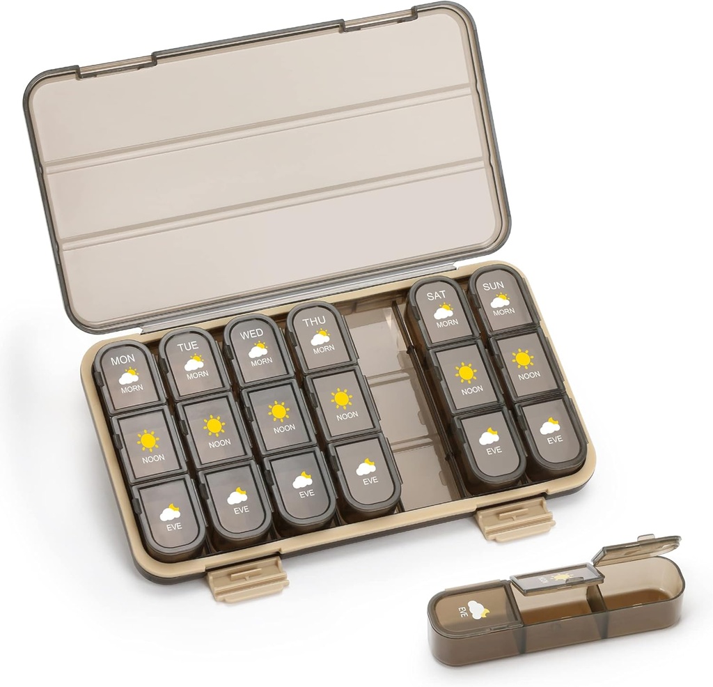Organisateur de pilules 3 fois par jour, boîte à pilules 7 jours - Acedada Weekly Travel Medicine Organizer Box, grand porte-conteneur de pilules Vitamines Case Pill Dispenser, Brown