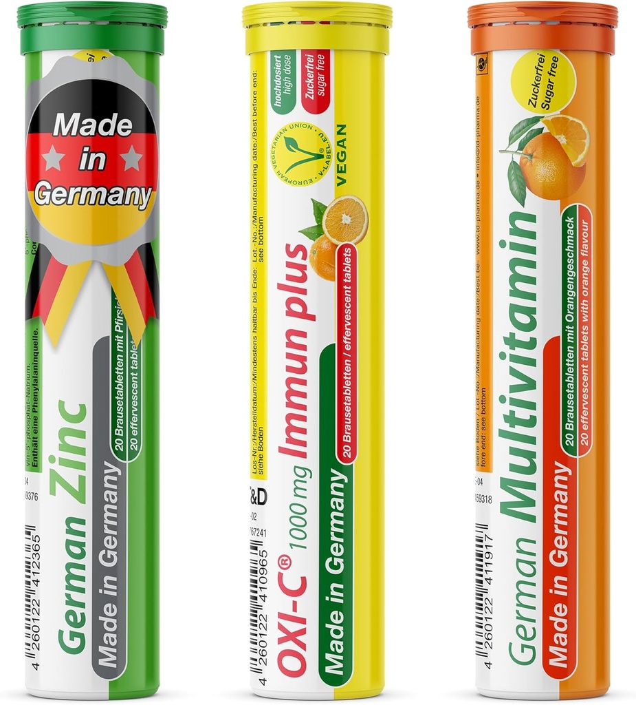 T&D German Immun Boost Package 60 Servierungen - Vegan, Zero Sugar - Getränke Effervescent Tabletten - Vitamin C, Zink, Multivitamin Pharma - Made in Germany