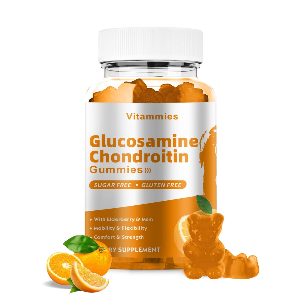 Glucosamin Chondroitin Gummis mit MSM & Elderberry Extra Strength - Joint Support, Antioxidant Immun Support Supplement für Erwachsene, Men & Women Minerals, Coenzym Q10, DHA - 60 Orange Gummis
