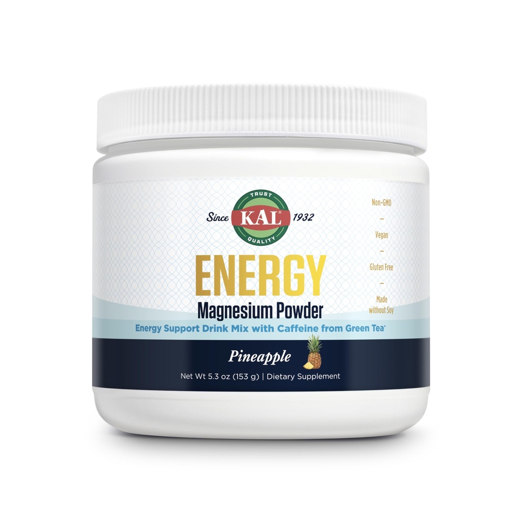 KAL Energy Magnesium Powder Drink, Ananas Flavor Magnesium Citrat Pulver, Energieunterstützung mit Grün Tee Koffein, Zuckerfrei, 40 Servierungen
