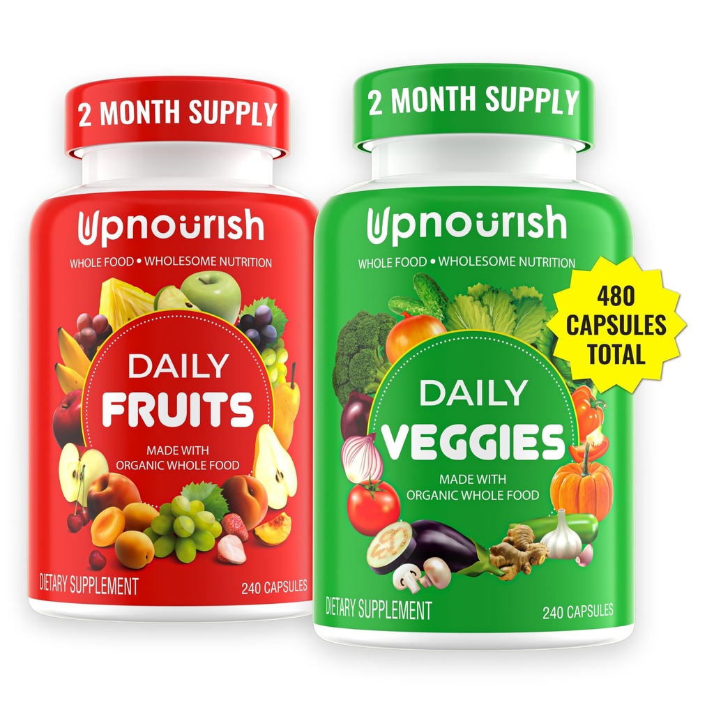 UpNourish Organic Fruits and Veggies Supplement - Soutien Diet Balance, Body Cleanse & Energy - 480 Fruits et Super Greens Capsules de la Nature - Suppléments Fruits et Légumes pour Adultes et Enfants