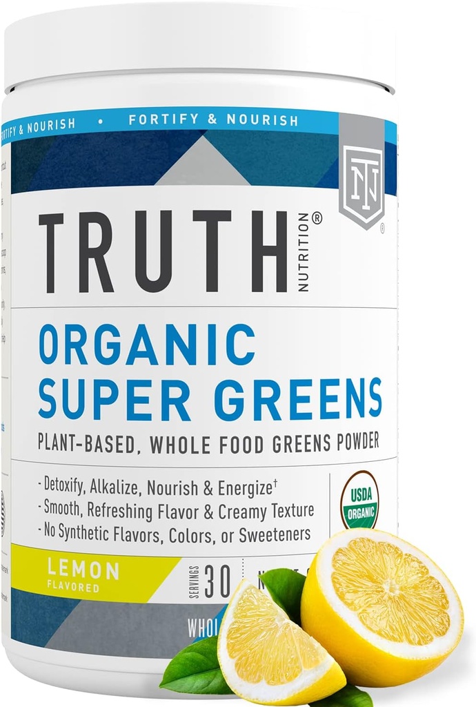 Truth Nutrition Super Greens Powder - Bio Green Superfood Pulver Energie &amp; Immunität, Gesunde Verdauung für Männer & Frauen, Green Supplement Smoothie Powder Mix (Lemon)