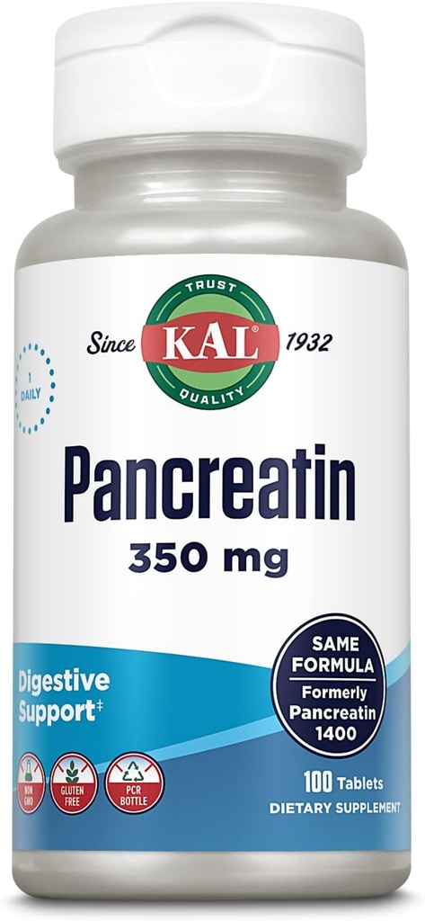 KAL Pancreatin 350mg, Digestive Enzymes for Women and Men, Pancreatic Enzymes for Digestive Health Support, Gluten Free, Non-GMO, Rapid Disintegration, 60-Day Guarantee, 100 Servings, 100 Tablets