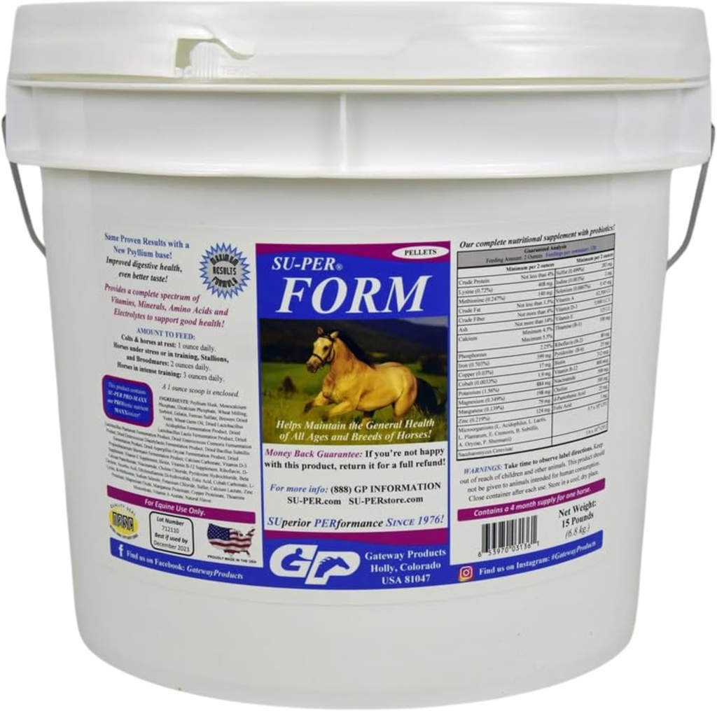 SU-PER Form Pferde Vitamine und Mineralstoffe Pellets - Nahrungsergänzung mit Probiotika - Vitamine, Mineralien, Aminosäuren & Elektrolyte - Hilft die allgemeine Gesundheit - 15 Pfund, 4 Monate Versorgung