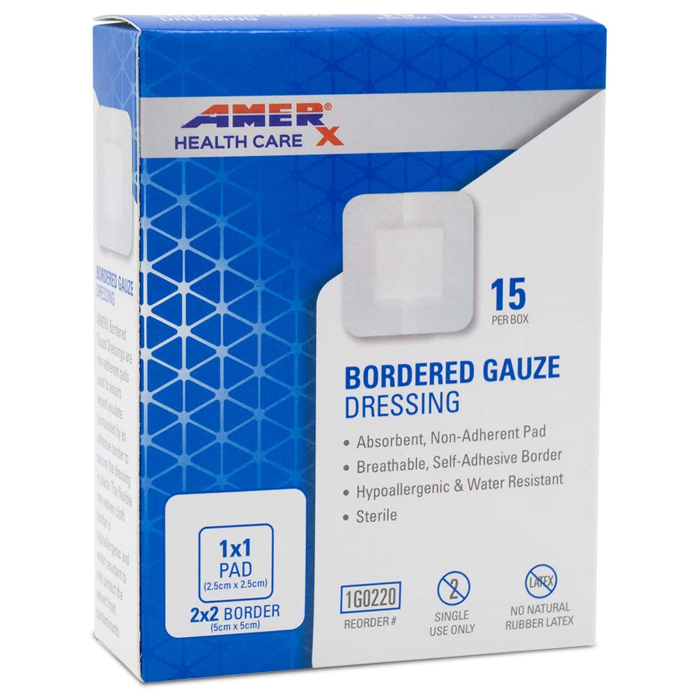 2" x 2" Dressing (1x1 Pad) AMERX Bordered Gauze - Klebebandagen - Wasserbeständiger Barrier - Selbstklebende Bordüre - Atmungsaktiv, Allergiker - 15 Pads pro Box