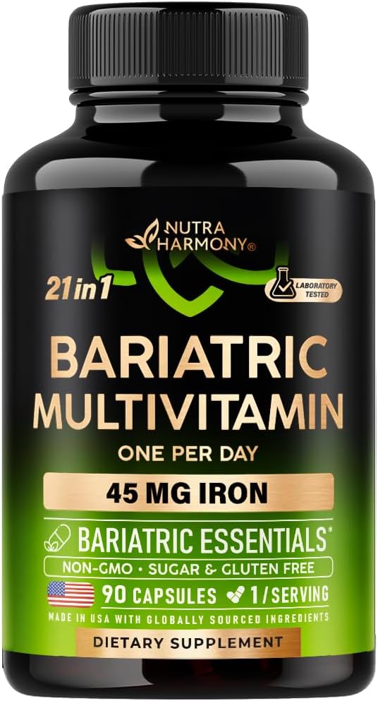 NUTRAHARMONY Multivitamine bariatrique - Suppléments en fer de 45 mg - Fabriqués aux États-Unis - pour les femmes et les hommes - Vitamines essentielles tout-en-un, 21 - Support des manches gastriques - Arôme tropical léger - 90 Capsules