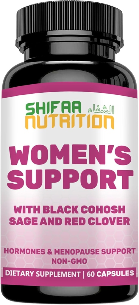 SHIFAA NUTRITION Hormones Balance & Ménopause Suppléments pour les femmes, Ménopause Relief - Soutien pour les flashes chauds, les ailes d'humeur avec/Noir Cohosh & Red Clover Vitamines Halales, 30 portions