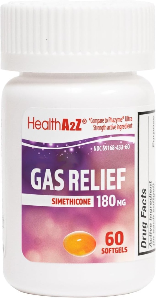 HealthA2Z® Gas Relief Simethicone 180mg | Relieves from Stomach Discomfort and Gas | Anti Flatulence | Relieves Gas Fast (60 Count)