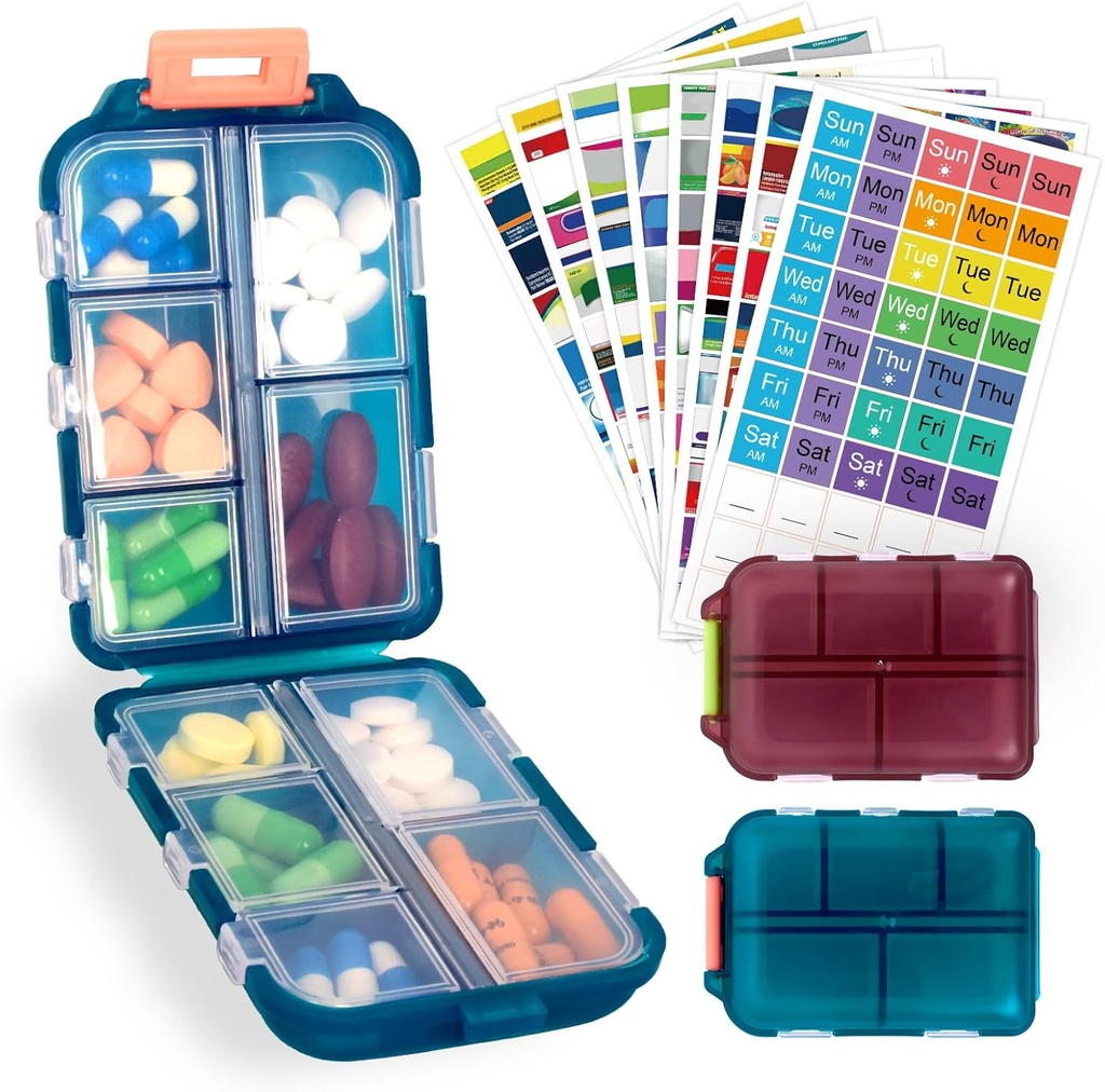 2 Pack Pill Organizer Travel Case - 10 scomparti Portable Medicine Container con 330 etichette, Double Lock Design (blu & cioccolato, 2 scatole)