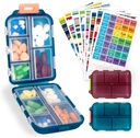 Boitier de médecine portable de 10 compartiments avec 330 étiquettes, conception à double serrure (bleu et chocolat, 2 boîtes)