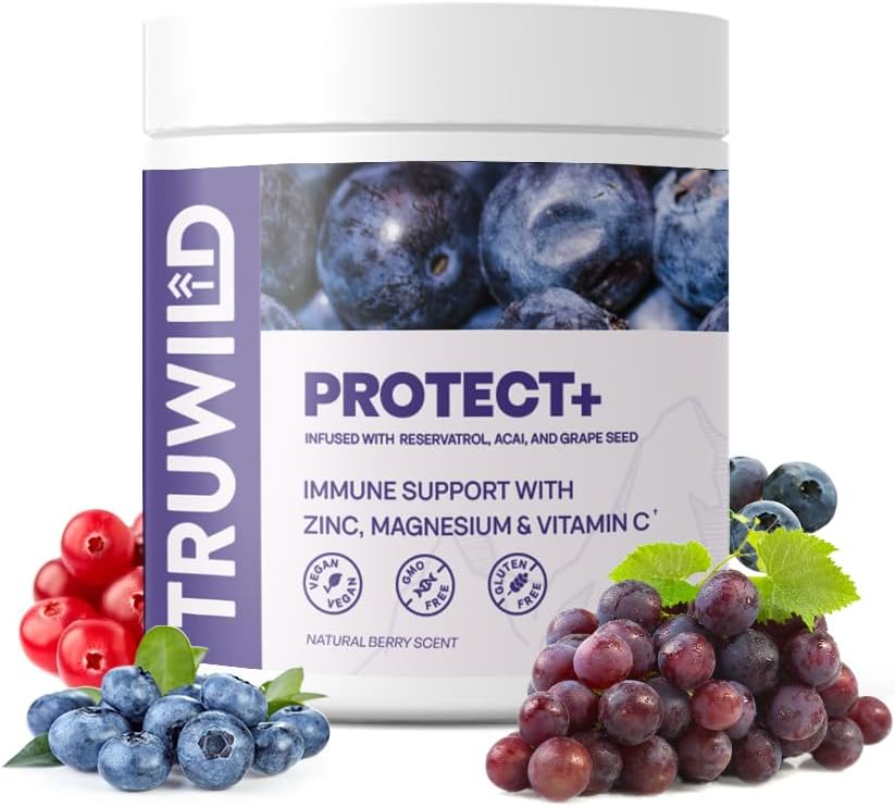 TruWild Protect+ Vegan Immune Support & Antiossidante, Tutti Vitamina C naturale, Zinco, Magnesio, Resveratrolo, Acai, Non OGM, Gluten Free Capsule Supplement Made in the USA cGMP, 30 Servings