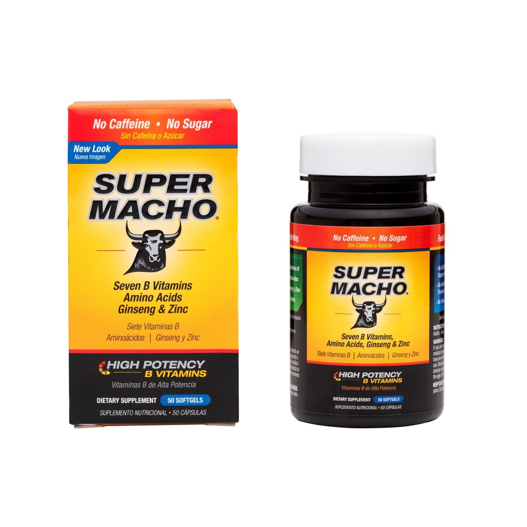 Supplément diététique super macho avec des vitamines Zinc et 7 B de haute puissance, sans conservateurs, sucre ou caféine, fabriqués aux États-Unis, 50 softgels (1 pack)