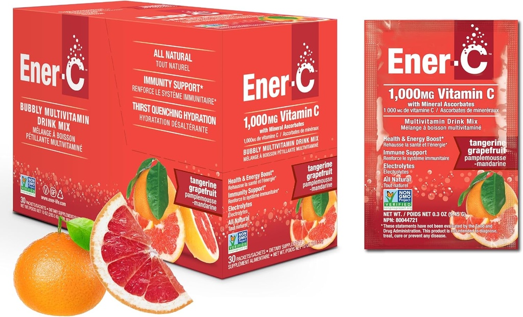 Ener-C Tangerine & Pompelmo Multivitaminico Bere Mix, 1000mg Vitamina C, Non OGM, Vegan, Veri Succhi di Frutta, Sostegno Naturale Immunità, Elettroliti, Gluten Free, 1-Pack di 30