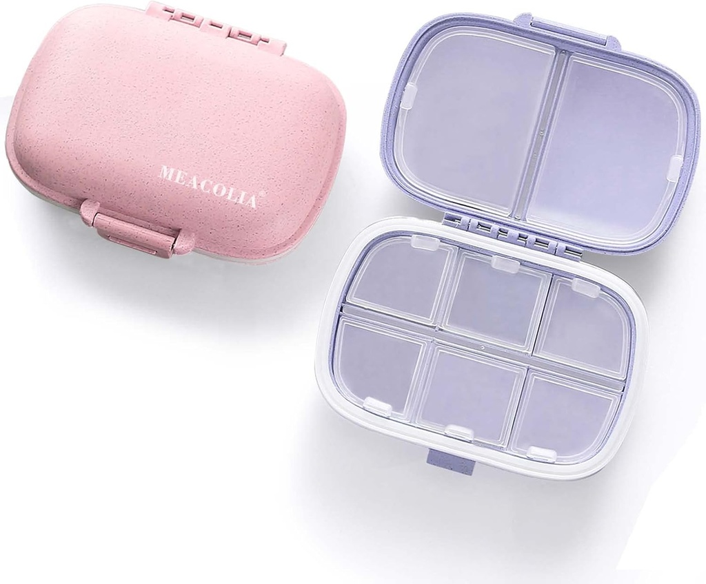 MEACOLIA 2 Pack 8 scomparti Organizzatore di viaggio Pillole Box Moisture Proof Piccolo caso di pillole per Pocket Purse Daily Pill Holder Container per la Vitamina di Medicina (Purple & Pink)