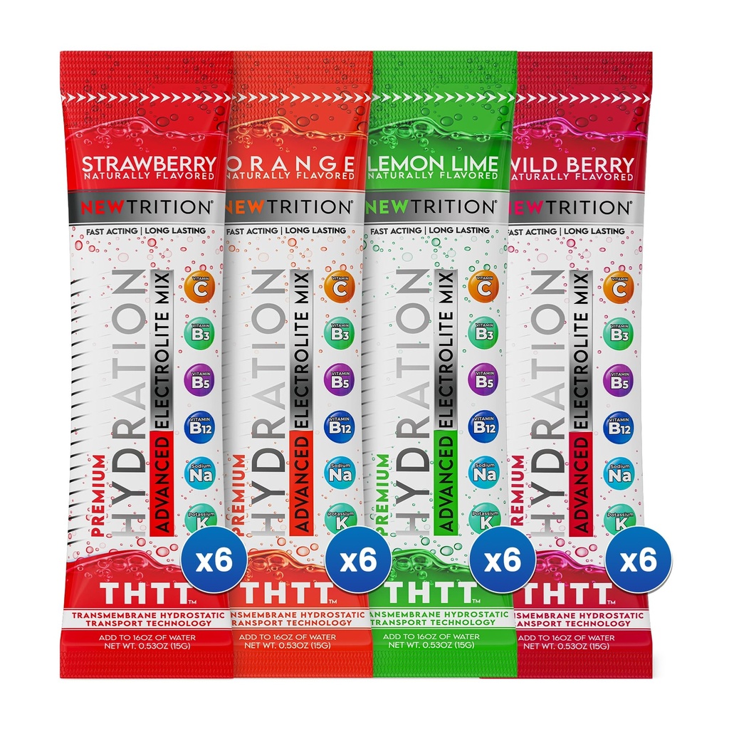 Hydrationspulver, 4 Flavors, Packung mit 24 Elektrolyt-Pulver-Packets, Natürlich aromatisierte Hydrating-Packets für Wasser, schnell wirkende Hydrate-Elektrolyten mit Vitaminen B&C, Energie &amp; Erholung