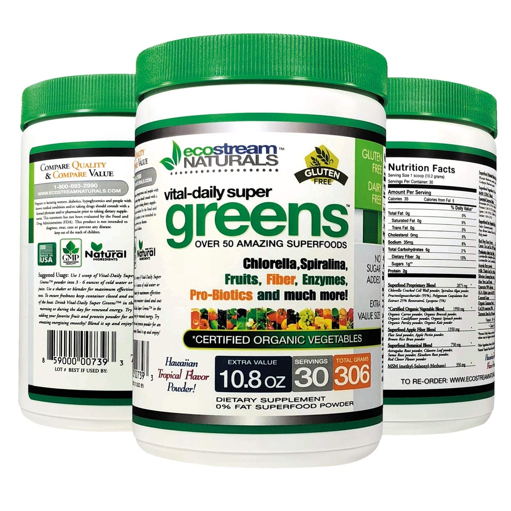 Vital First Daily Greens Superfood Pulver 50 Ganze Super-Lebensmittel mit Spirulina, Chlorella, Flax Seed, Fiber und Enzyme mit Bio-Grünen - 30 Portionen