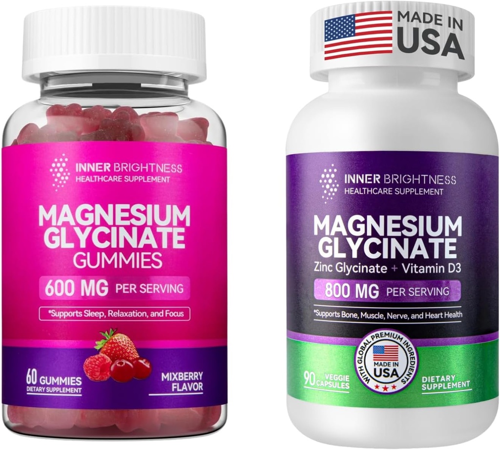Magnesium Glycinate|Gummies für Erwachsene, Schlaf, Entspannung & Fokus, gemischte Berry Flavor & Kapseln mit Zink & Vitamin D3 für Schlafunterstützung