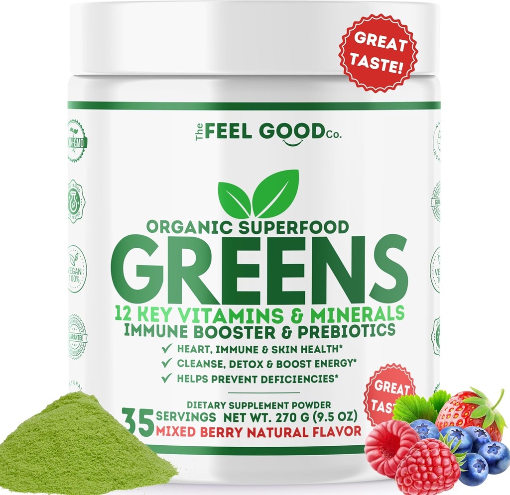 The Feel Good Super Greens Powder - Organic Green Juice, Weizen Grass No Added Sugar, Spirulina, Chlorella, Probiotics, Verdauungsenzym, Antioxidant Rich, Immunität Boost Green Superfood, 35 SVG, Täglich