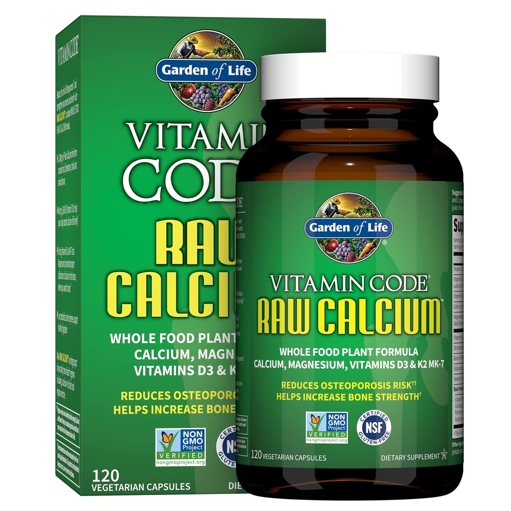 Garten des Lebens Rohe Kalzium-Ergänzung für Frauen und Männer - Vitamin-Code aus ganzer Nahrung mit Magnesium, K2, Vitamin D3 und Vitamin C plus Probiotika für Verdauung, 120 Kapseln