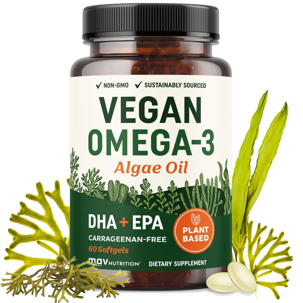 Vegan Omega 3 Algae Öl | Pflanzenbasierte DHA EPA | Sustainable Sourced, No Carrageenan, Non GMO | Herz, Gehirn und Augengesundheit | Fish Oil Alternative | Algae Omega 3 Supplement | 60 Softgel Kapseln