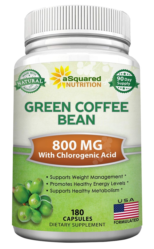 aSquared Nutrition Natural Green Coffee Bean Formula-180 Capsules-Max Strength GCA Antioxydant Cleanse for Pure Weight Loss, 800mg par Pill-Chlorogenic Acid-1600mg Supplément quotidien, brûleur de graisse sain