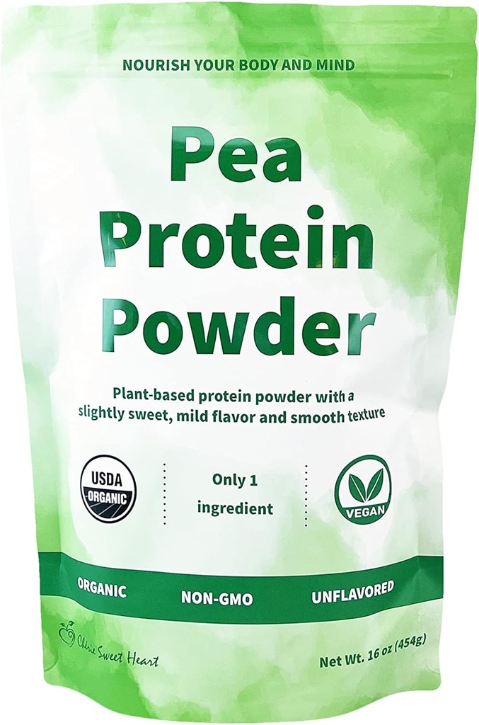 Cherie Sweet Heart Organic Pea Protein Powder 1 lb, 100% Non OGM, Dairy-Free, Keto-Friendly, Gluten-Free, Soy-Free, Plant-Based Protein