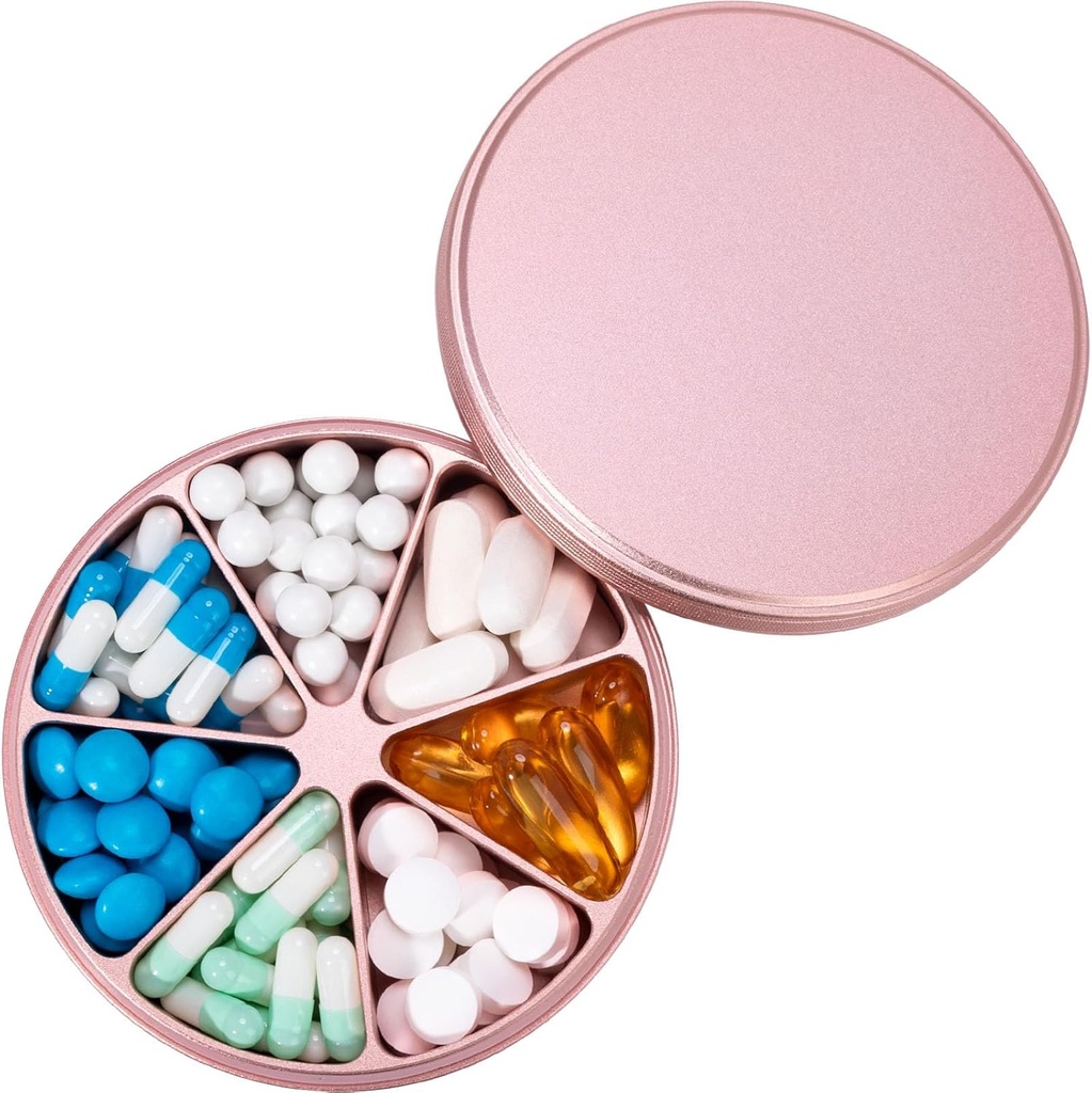 Organisateur de pilules métalliques 7 Compartiments Distributeur de pilules - Boîte à pilules lourdes Conteneur de pilules imperméable Grand porte-médicament quotidien pour médicaments Vitamines Huiles de poisson Suppléments, 0.39lb (Pink)