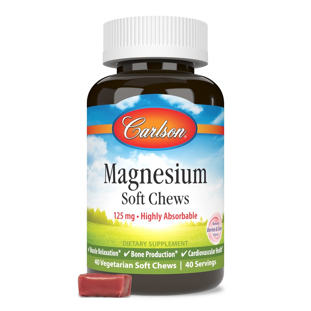 Carlson Magnesium Soft Chews 125 mg Rilassamento muscolare altamente assorbibile &amp; Salute generale - Berry & Creme Flavor - 40 Chews vegetariani