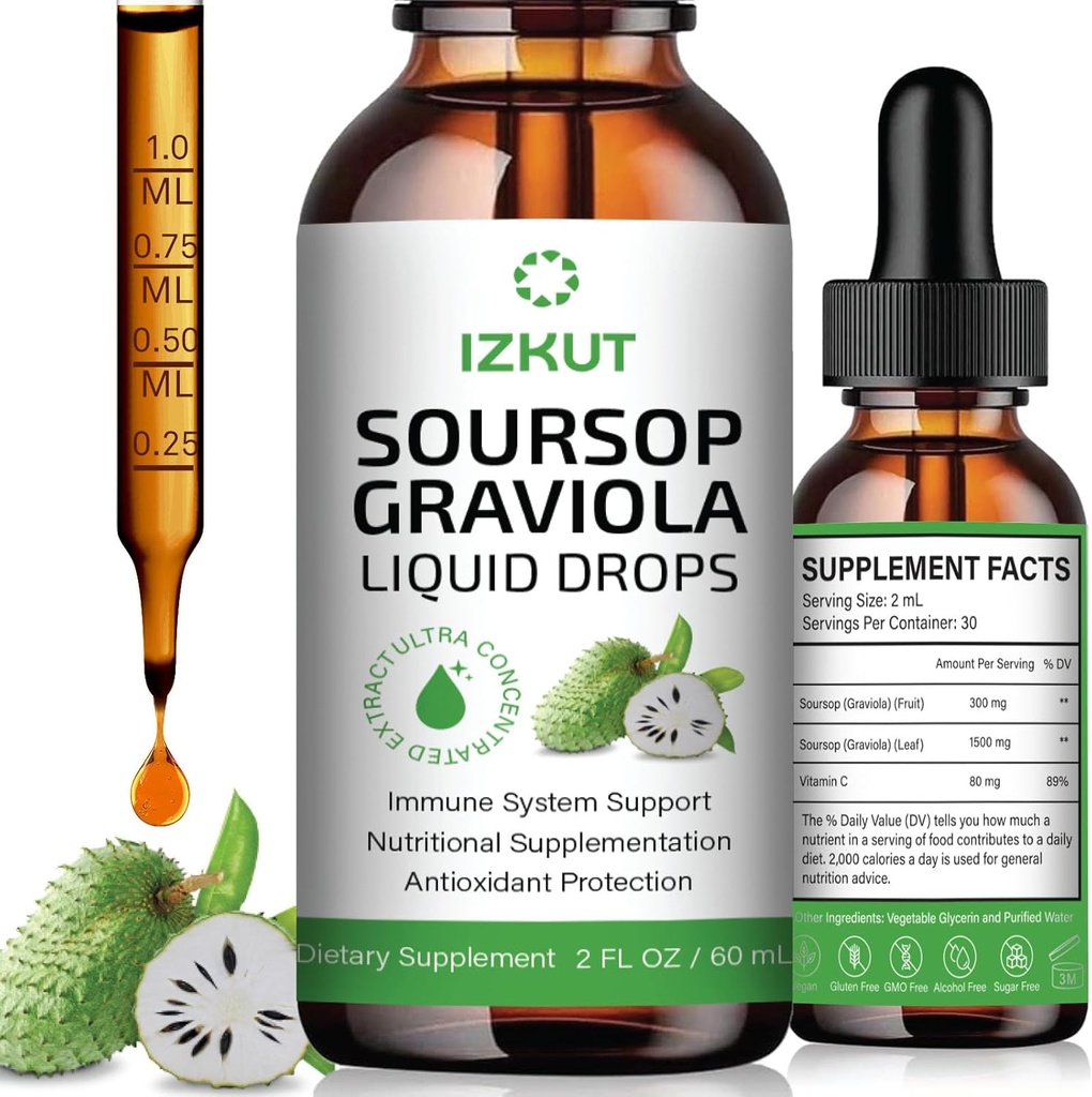 Soursop Bitters Liquid Organic: Soursop Leaf & Fruit Botanical Extract - Soursop Liquid Drops for Cell Support & Regeneration - Immununterstützung, Entspannung, Lebergesundheit und Schlafhilfe für Männer & Frauen