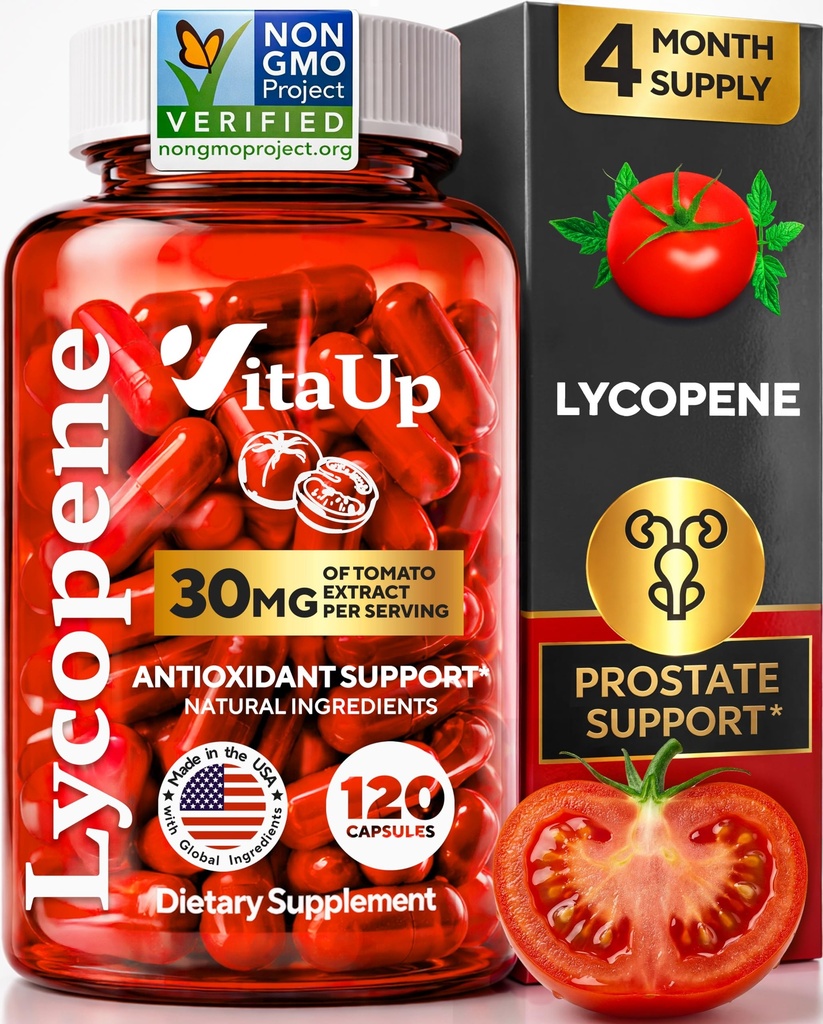Suppléments Lycopène pour les hommes - Suppléments Prostate pour les hommes avec extrait de tomate naturel - Supplément Lycopène non-OGM pour la prostate, la peau et le support antioxydant - 120 Compte