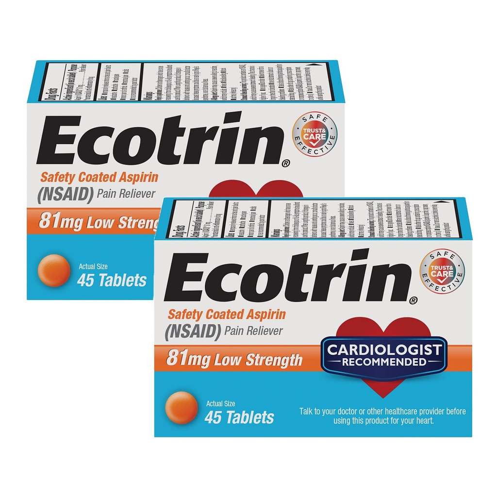 Ecotrin Low Strength Safety Coated Aspirin, NSAID 81mg, 45 count (2 Pack)