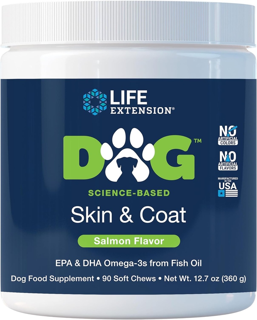 Life Extension Dog Skin & Coat - Hundefutter für gesunde Haut und Mantel – Omega-3 Fish Oil for Dogs, Lachs Flavor, keine künstlichen Farben oder Geschmacksrichtungen - 90 Soft Chews